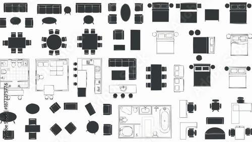 Collection of top down furniture and floor plan icons.