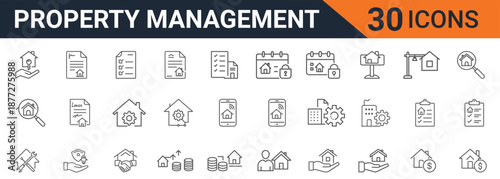 A comprehensive set of thirty minimalist line art vector icons illustrating various facets of professional real estate property management concepts and administrative tasks.