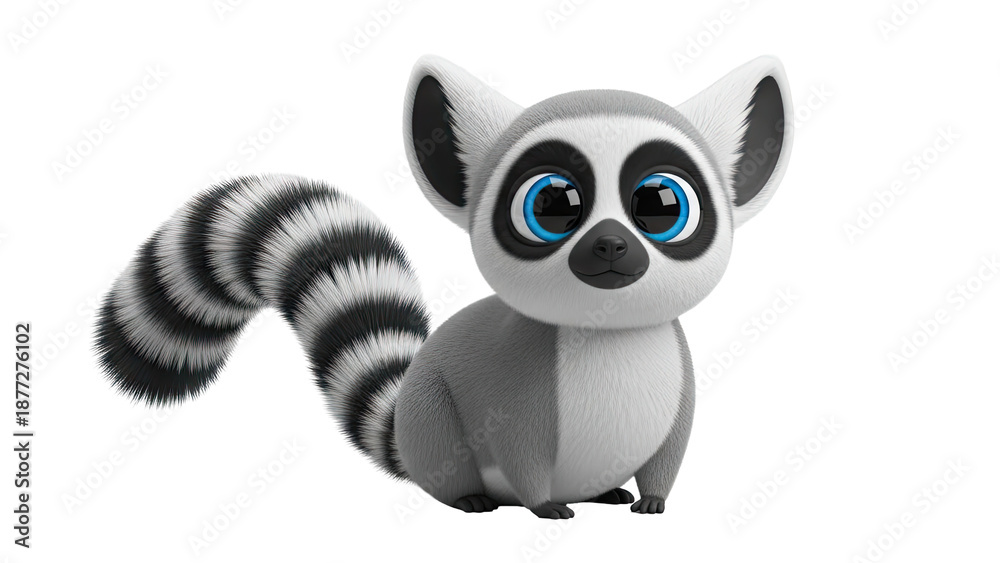 Obraz premium Cute Cartoon Lemur with Blue Eyes and Striped Tail