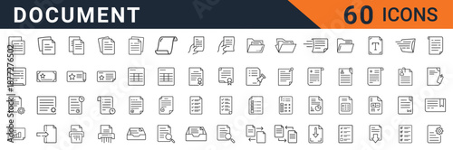 A comprehensive collection of sixty monochrome outline vector icons representing various document management tasks including files, folders, charts, tickets, and administrative paperwork designs.