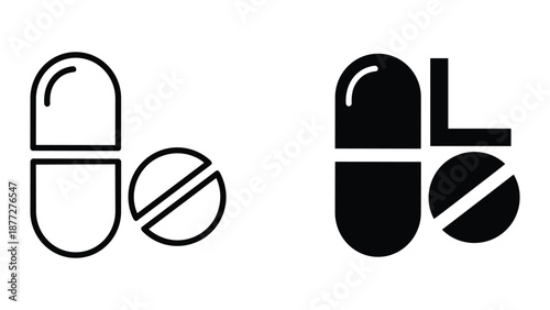 Capsule and tablet icon in black and white