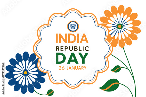 India Republic Day Holiday Banner with Tricolor Flowers and Ashoka Chakra on transparent Background . Indian republic day 26 January Vector Illustration on transparent Background.