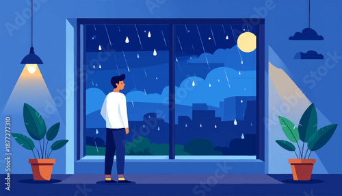 Rainy Season Illustration Scene with People and Nature in Calm Atmosphere