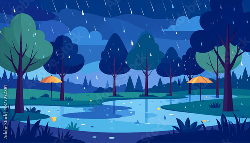Rainy Season Illustration Scene with People and Nature in Calm Atmosphere