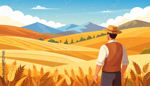 Farmer in golden fields overlooking vast rural landscape with distant mountains under clear blue sky, depicting bountiful harvest and agricultural prosperity
