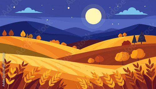 Vibrant Autumn Harvest Landscape Illustration at Night with a Bright Full Moon, Golden Fields, and Rolling Hills under a Starry Sky