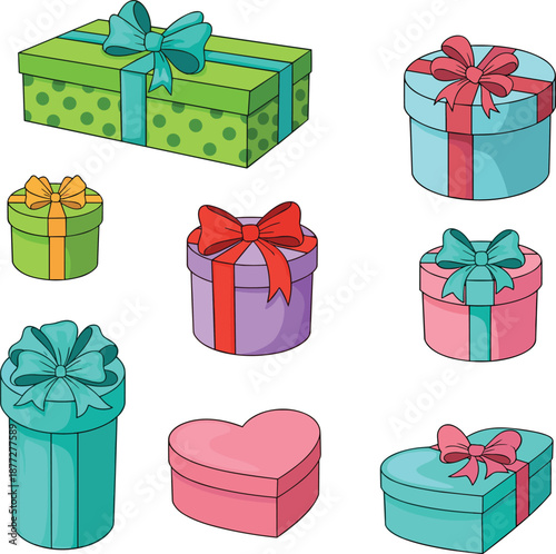 Colorful cartoon gift boxes set, cute wrapped presents with ribbons and bows, festive birthday holiday packaging, isolated vector illustration