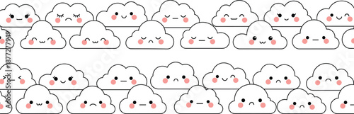 Cute smiling cloud seamless pattern with kawaii faces for children designs, playful backgrounds, and cartoon wallpapers