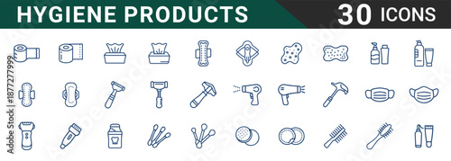 A comprehensive set of thirty line art vector icons representing essential personal hygiene products for daily care routines and cleanliness awareness