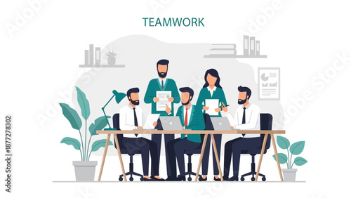 Diverse team collaborating in modern office, teamwork concept