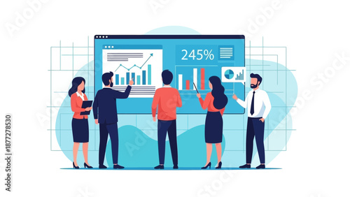Business Team Analyzing Data Graphs on Digital Screen