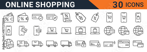 Online shopping vector graphic illustration featuring 30 icons related to e-commerce, discounts, and digital transactions on a clean white background with a simple black and orange design.