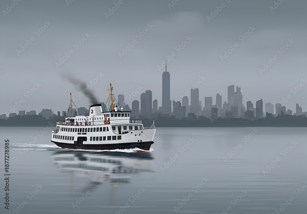 Obraz premium Ferry traveling on a gray, misty day with a New York City skyline in the background. Ferryboat cruising towards the city with a misty atmosphere, showing a quiet, urban transport scene.