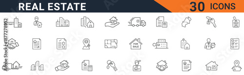 A comprehensive set of thirty minimalist outline vector icons representing various crucial concepts related to modern real estate transactions, property management, and agency services.