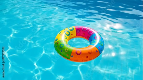 Colorful inflatable swim ring floating on clear blue swimming pool water