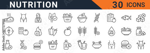 Comprehensive vector icon set illustrating thirty distinct elements related to healthy eating habits, dietary restrictions, medical analysis, and fitness goals for infographics.