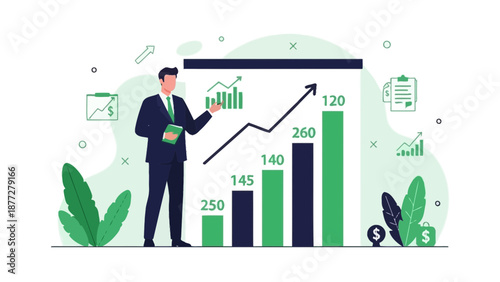 Businessman presenting financial growth chart with upward trend and data