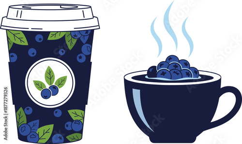 Blueberry coffee cup and hot tea illustration set representing healthy beverage, organic drink branding, and modern flat design