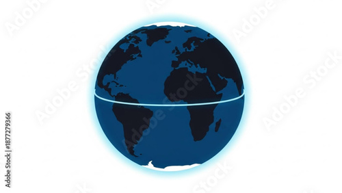 Glowing blue earth globe with equator line on white background