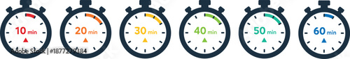 Colorful stopwatch icons showing time intervals, 10 to 60 minutes, visual timer concept, scheduling, countdown, time management