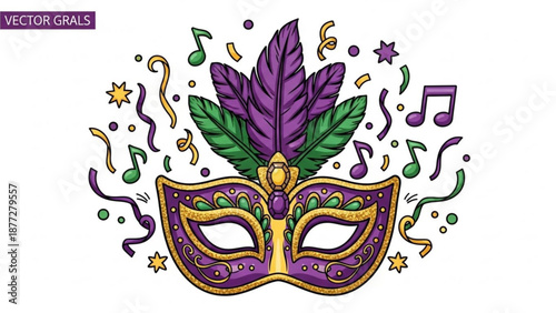 Vibrant mardi gras mask with feathers and music symbols