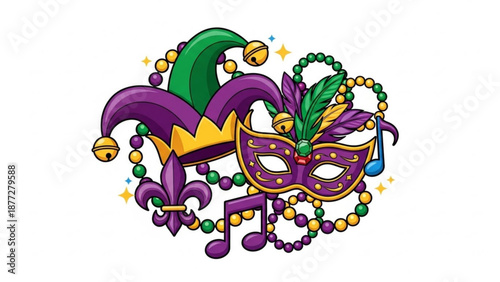 Mardi gras mask jester hat beads purple gold green festive carnival