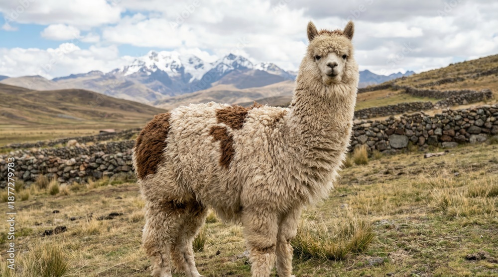 Fototapeta premium An alpaca grazes with snowy mountains in the background.