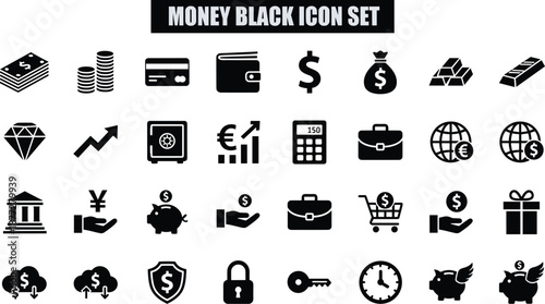Money finance icon set, black silhouette symbols, banking, currency, investment, economy, savings, business, financial tools, vector