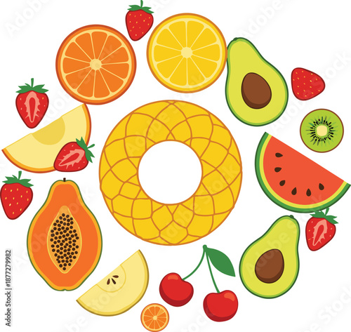 Colorful fruit wreath composition with assorted fresh fruits arranged in circular frame representing healthy diet and nutrition concept
