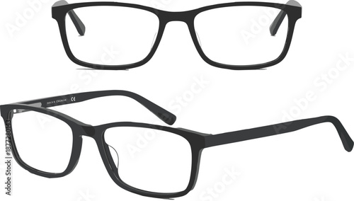 Rectangular eyeglasses front and angled view, full-rim dark frame, plastic material, product design, fashion accessory display