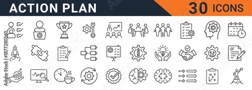Thirty essential black outline vector icons illustrating key business action plan elements like strategy, teamwork, and goal achievement on white background