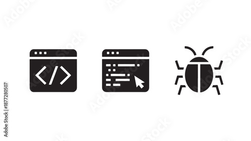 Coding bug icons in simple flat design with dark color scheme on white background for software development