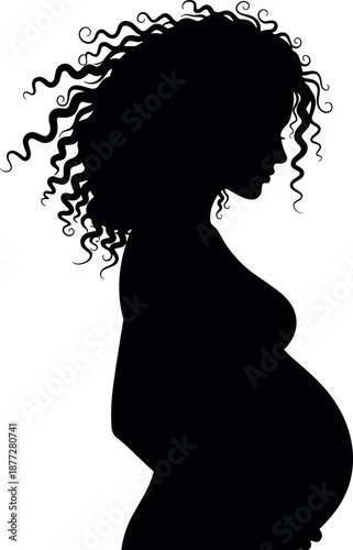 Side profile silhouette of a pregnant woman with long curly hair representing motherhood pregnancy prenatal care wellness and maternal beauty