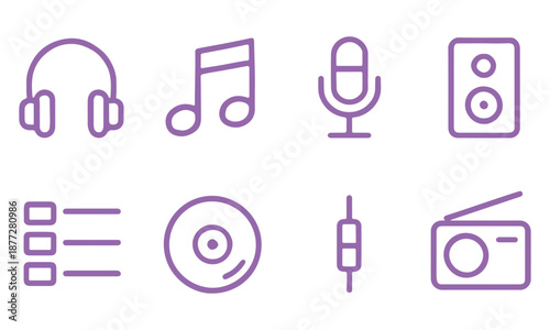 Music and Audio Equipment Line Icon Set Featuring Headphones, Musical Note, Microphone, Speaker, Playlist, Vinyl Record, and Radio Symbols