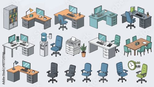 Isometric office furniture and equipment illustration set