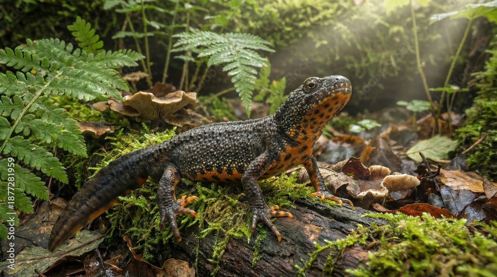 Obraz premium Fire salamander on mossy log in a forest habitat.