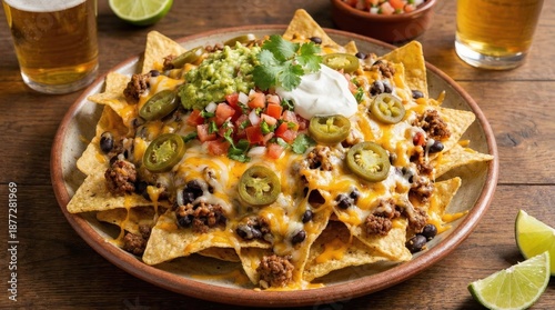 Delicious loaded nachos with cheese, beans, guacamole, and jalape?os.