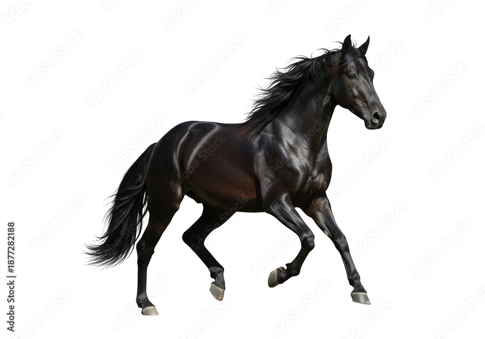 Fototapeta premium Majestic black horse in full gallop with flowing mane isolated on transparent background