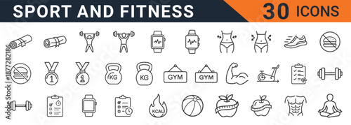 Collection of thirty thin line vector icons representing various crucial sports equipment elements fitness activities healthy lifestyle choices and workout achievements for digital use