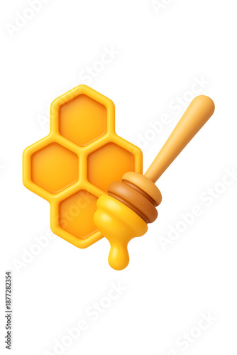 3d Sweet honeycomb and wooden drizzler, Golden Honeycomb, Sweet Drizzle, Nature’s Nectar, Honey Bliss, High quality Realistic image.