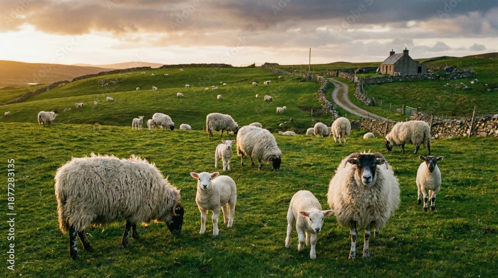 Obraz premium Flock of sheep grazing in a lush green pasture.