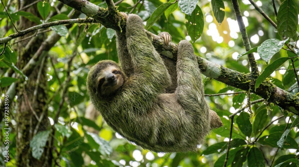Obraz premium Sloth clings to a tree branch in lush foliage.