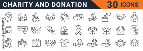 Comprehensive set of thirty minimalist outline vector icons representing diverse concepts central to charity work, giving, and essential humanitarian donation activities.