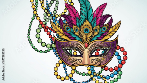 Vibrant mardi gras mask with feathers and beads on white background