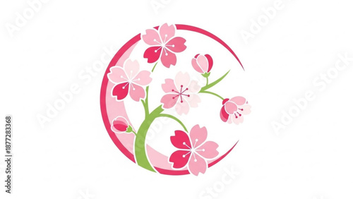 Pink cherry blossoms in a circular floral design with green stems