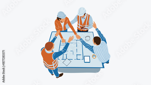 Team of construction workers and architects collaborating on building plans