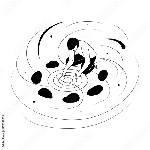 A hand drawn style illustration of arranging stones