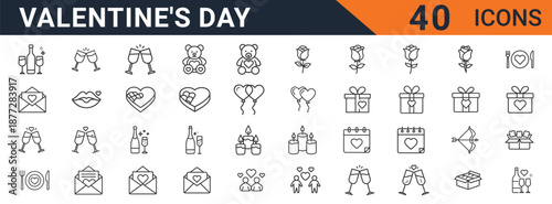 A comprehensive set of forty line art icons depicting various romantic themes and symbols associated with valentine's day celebration on white background