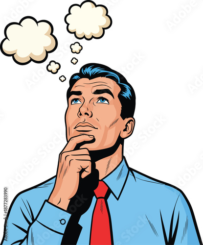 Pop art illustration of a thoughtful man with dark hair hand on chin and empty thought bubbles.
