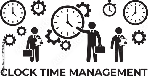 Business professionals managing time effectively with clocks and gears